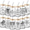 imageDomensi 12 Pcs Book Lovers Themed Gift 16 oz Glass Cups with Bamboo Lid Straw Library School Can Shaped Glass Cup for Women Men Teacher Readers Book Club Librarians Team Appreciation Gifts