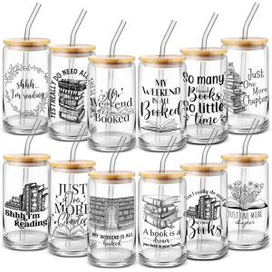 imageDomensi 12 Pcs Book Lovers Themed Gift 16 oz Glass Cups with Bamboo Lid Straw Library School Can Shaped Glass Cup for Women Men Teacher Readers Book Club Librarians Team Appreciation Gifts