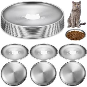 imageDomensi 12 Pieces Stainless Steel Whisker Friendly Cat Bowl Shallow Cat Food Dish 67 Inch Wet Feeding Bowls Flat Pet Dish Small Pet Plate for Kittens Ferrets Stray67 Inch