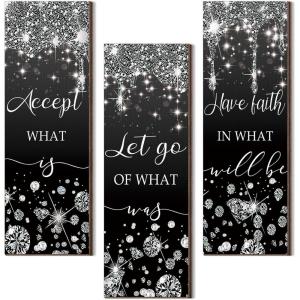 imageDomensi 3 Pcs Glitter Diamond Bathroom Wall Decor Wooden Accept Let Go Have Faith Wall Art Bathroom Decor Black Silver Shiny Drips Hanging Sign for Living Room Home Spa