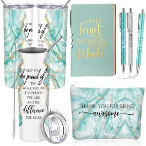 imageDomensi 6 Pcs Employee Appreciation Gift Set for Women Female Christmas Thank You Gift May You Be Proud 20 oz Rustic Marble Sign Tumbler Makeup Bag Journal for Teacher Nurse Lady Work BusinessWhiteGreen