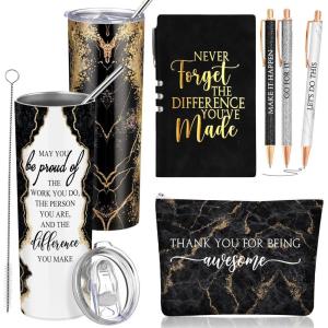 imageDomensi 6 Pcs Employee Appreciation Gift Set for Women Female Christmas Thank You Gift May You Be Proud 20 oz Rustic Marble Sign Tumbler Makeup Bag Journal for Teacher Nurse Lady Work BusinessWhiteBlack