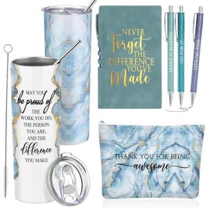 imageDomensi 6 Pcs Employee Appreciation Gift Set for Women Female Christmas Thank You Gift May You Be Proud 20 oz Rustic Marble Sign Tumbler Makeup Bag Journal for Teacher Nurse Lady Work BusinessWhiteBlue