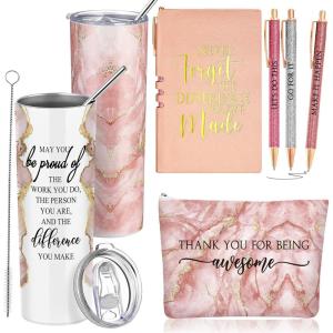 imageDomensi 6 Pcs Employee Appreciation Gift Set for Women Female Christmas Thank You Gift May You Be Proud 20 oz Rustic Marble Sign Tumbler Makeup Bag Journal for Teacher Nurse Lady Work BusinessWhitePink