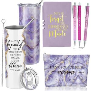 imageDomensi 6 Pcs Employee Appreciation Gift Set for Women Female Christmas Thank You Gift May You Be Proud 20 oz Rustic Marble Sign Tumbler Makeup Bag Journal for Teacher Nurse Lady Work BusinessWhitePurple