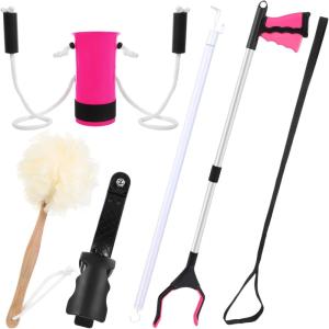 imageDomensi 6 Pcs Total Hip Kit with Leg Lifter Hip Back Knee Replacement Recovery Aid for Seniors Pregnant 32 Foldable Grabber Sock Assistant Device No Bending Shoe Horn Dressing Stick Bath SpongePink