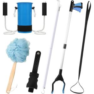 imageDomensi 6 Pcs Total Hip Kit with Leg Lifter Hip Back Knee Replacement Recovery Aid for Seniors Pregnant 32 Foldable Grabber Sock Assistant Device No Bending Shoe Horn Dressing Stick Bath SpongeBlue