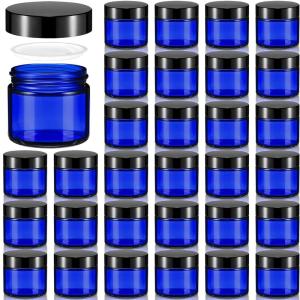 imageDomensi 72 Pcs 2 oz Glass Jars with Lids Travel Size Round Leakproof Empty Cosmetic Jars with Inner Liners Lid for Storing Makeup Lotions Face Cream Ointments Candle DIY Making BlackRoyal Blue