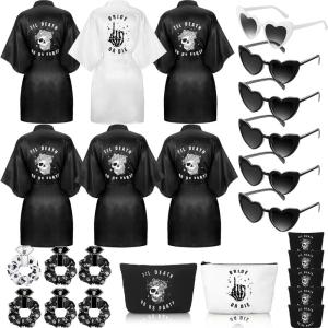 imageDomensi 24 Pcs Bride or Die Bachelorette Party Decorations Bridesmaid Robes Gift Sets Till Death Do Us Party Decorations Skull Black and White Bridal Robe for Bridal Shower Gothic Wedding Party Dress