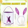 imageDomensi 12 Pcs Easter Basket Set for Kids Canvas Easter Baskets with Handles and Plush Bunny Ear Headbands Reusable Small Bags Bulk for Egg Hunt SuppliesCuteBright Style