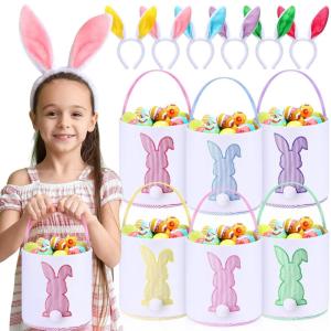imageDomensi 12 Pcs Easter Basket Set for Kids Canvas Easter Baskets with Handles and Plush Bunny Ear Headbands Reusable Small Bags Bulk for Egg Hunt SuppliesCuteChildlike Delight