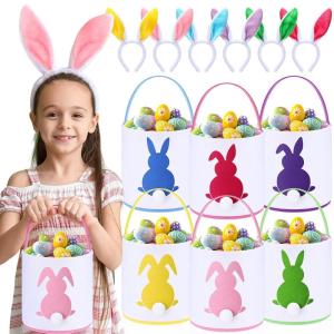 imageDomensi 12 Pcs Easter Basket Set for Kids Canvas Easter Baskets with Handles and Plush Bunny Ear Headbands Reusable Small Bags Bulk for Egg Hunt SuppliesCuteMacaron
