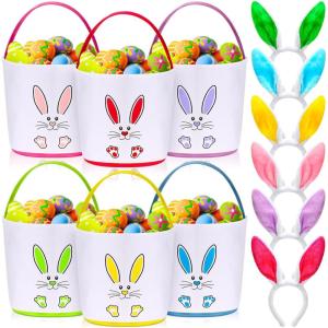imageDomensi 12 Pcs Easter Basket Set for Kids Canvas Easter Baskets with Handles and Plush Bunny Ear Headbands Reusable Small Bags Bulk for Egg Hunt SuppliesCuteFootprints