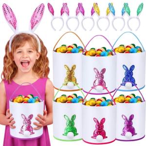 imageDomensi 12 Pcs Easter Basket Set for Kids Canvas Easter Baskets with Handles and Plush Bunny Ear Headbands Reusable Small Bags Bulk for Egg Hunt SuppliesCuteBright Style