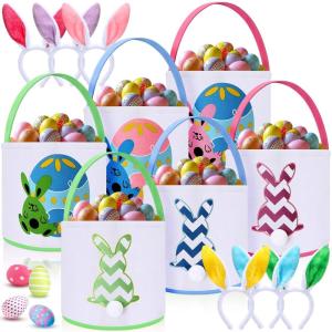imageDomensi 12 Pcs Easter Basket Set for Kids Canvas Easter Baskets with Handles and Plush Bunny Ear Headbands Reusable Small Bags Bulk for Egg Hunt SuppliesCuteCute