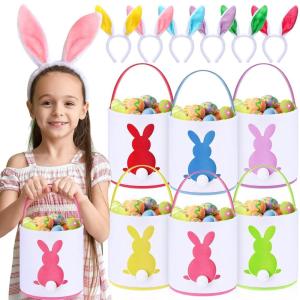 imageDomensi 12 Pcs Easter Basket Set for Kids Canvas Easter Baskets with Handles and Plush Bunny Ear Headbands Reusable Small Bags Bulk for Egg Hunt SuppliesCuteRabbit Ears
