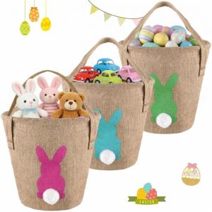 imageDomensi 3 Pack Easter Egg Basket for Kids Bunny Easter Burlap Basket to Carry Eggs Candy and Gifts for Girls Boys Egg Hunt Party Favor Decoration GiftsFluffy Tails Printed Rabbit Toys Bucket Tote