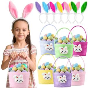 imageDomensi 6 Set Easter Basket for Kids6 Woven Rope Easter Basket for Girls6 Adorable Bunny Headbands Empty Baskets with Handle for Girls Boys Toddler Babies Infant for Egg HuntCute StyleCute Style