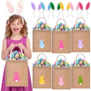 imageDomensi 12 Pcs Easter Tote Bag Set with Bunny Headband Reusable Jute Easter Burlap Totes 6 Bunny Ears Headband for Kids Bulk Bags for Egg Hunt Candy Party Favors Spring Hunting Daily Use