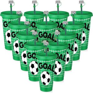 imageDomensi 12 Pcs Pink Soccer Plastic Tumbler with Lid and Straw 24oz Reusable Plastic Cups with Straw Cover Caps Soccer Party Favors Gifts for Fan Friend Guest Birthday Office Sport Party SuppliesGreen