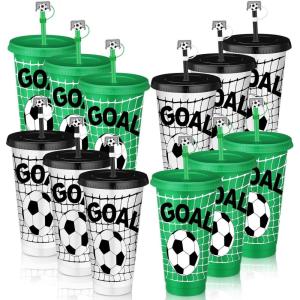 imageDomensi 12 Pcs Pink Soccer Plastic Tumbler with Lid and Straw 24oz Reusable Plastic Cups with Straw Cover Caps Soccer Party Favors Gifts for Fan Friend Guest Birthday Office Sport Party SuppliesBlack White Green