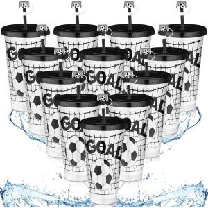 imageDomensi 12 Pcs Pink Soccer Plastic Tumbler with Lid and Straw 24oz Reusable Plastic Cups with Straw Cover Caps Soccer Party Favors Gifts for Fan Friend Guest Birthday Office Sport Party SuppliesBlack White