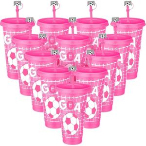 imageDomensi 12 Pcs Pink Soccer Plastic Tumbler with Lid and Straw 24oz Reusable Plastic Cups with Straw Cover Caps Soccer Party Favors Gifts for Fan Friend Guest Birthday Office Sport Party SuppliesPink