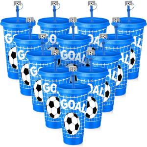 imageDomensi 12 Pcs Pink Soccer Plastic Tumbler with Lid and Straw 24oz Reusable Plastic Cups with Straw Cover Caps Soccer Party Favors Gifts for Fan Friend Guest Birthday Office Sport Party SuppliesBlue